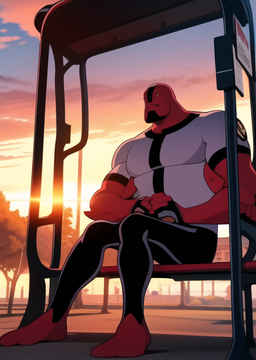 03658-146677348-_lora_fourarms-08_1_ fourarms, sitting on bench, drinking tea, outdoors, full body, sunset, bus stop, park bench, masterpiece, b.png